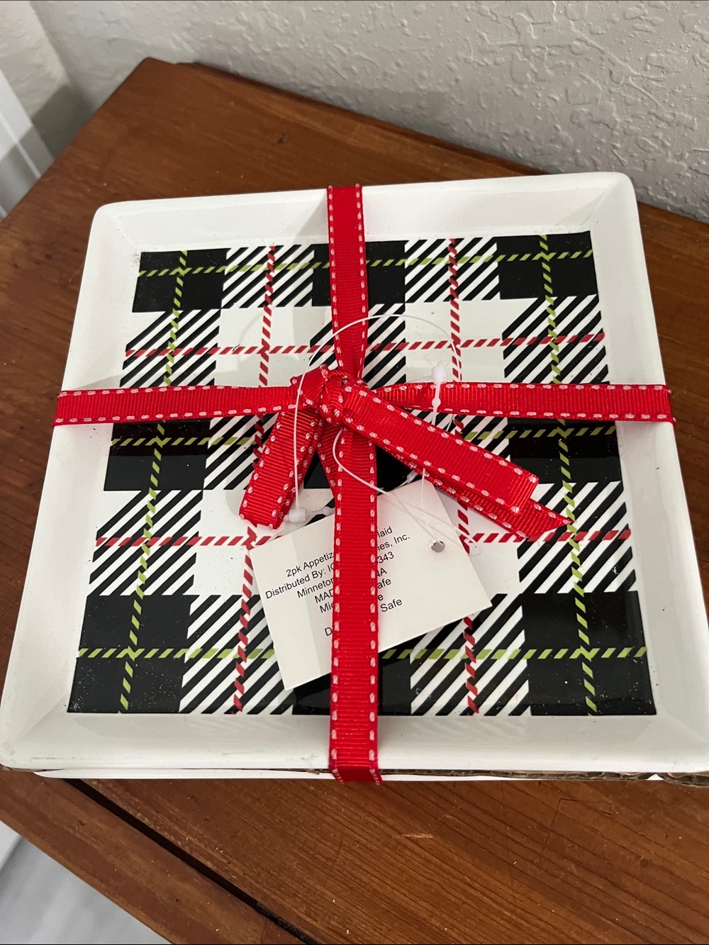 Decorative Plaid Appetizer Set of 2 Plates- Red Ribbon Accent 6 x 6